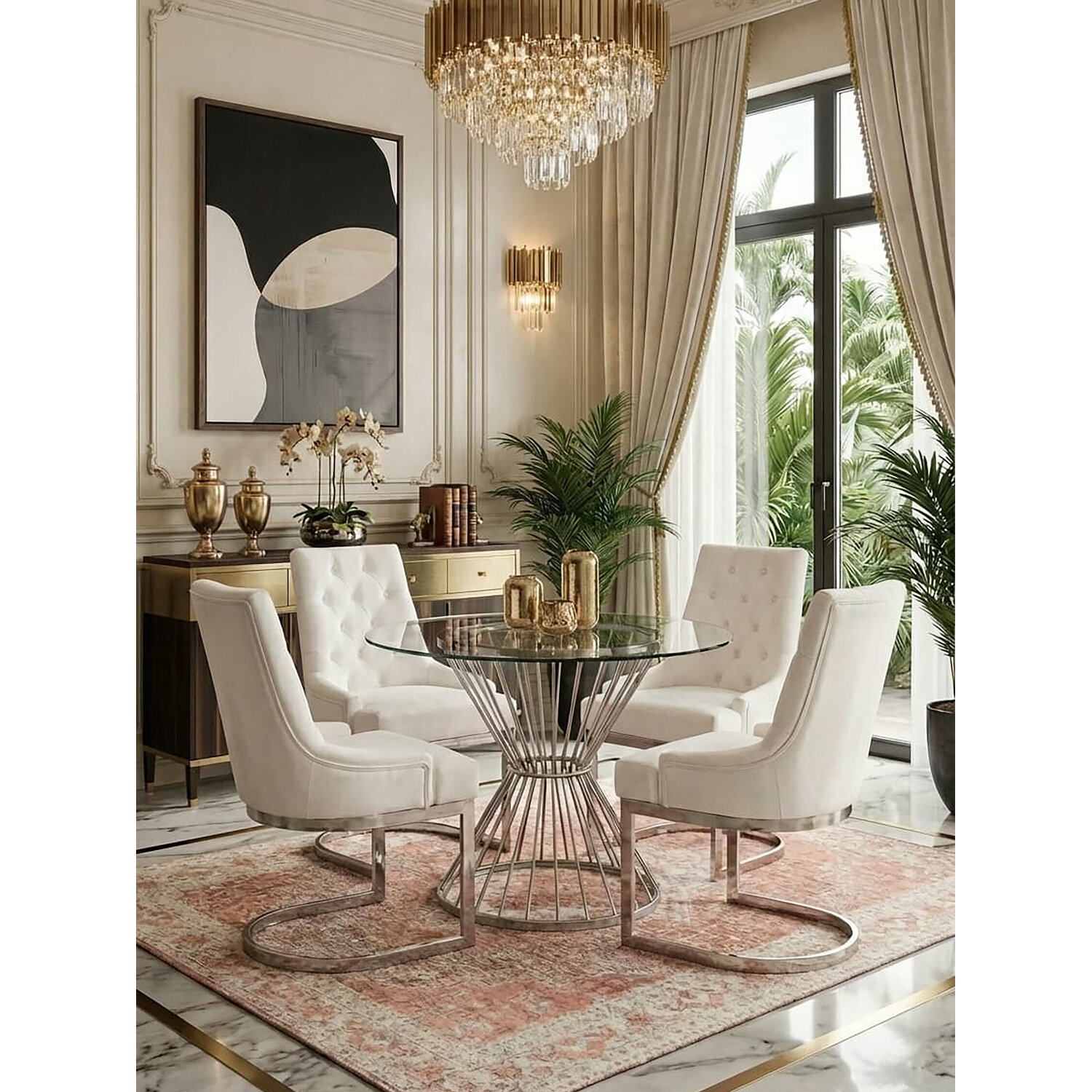 Anzio Hourglass Dining Table with Clear Glass and Silver Base - Silver