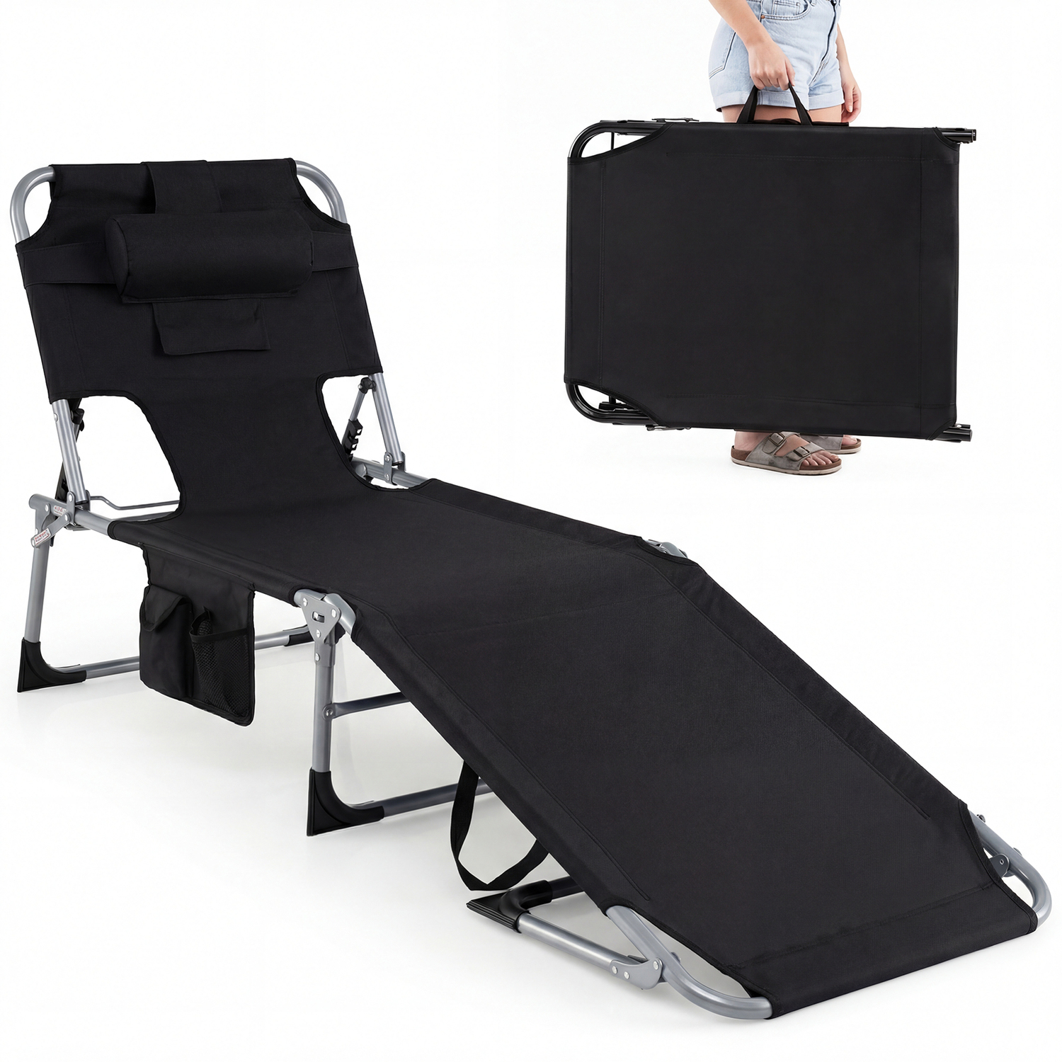 Folding Chaise Lounge Beach Chair - Black