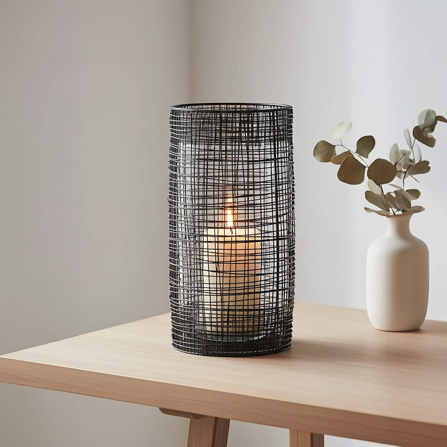 Trento Large Black Woven Wire Candle Holder with Glass Insert - Black