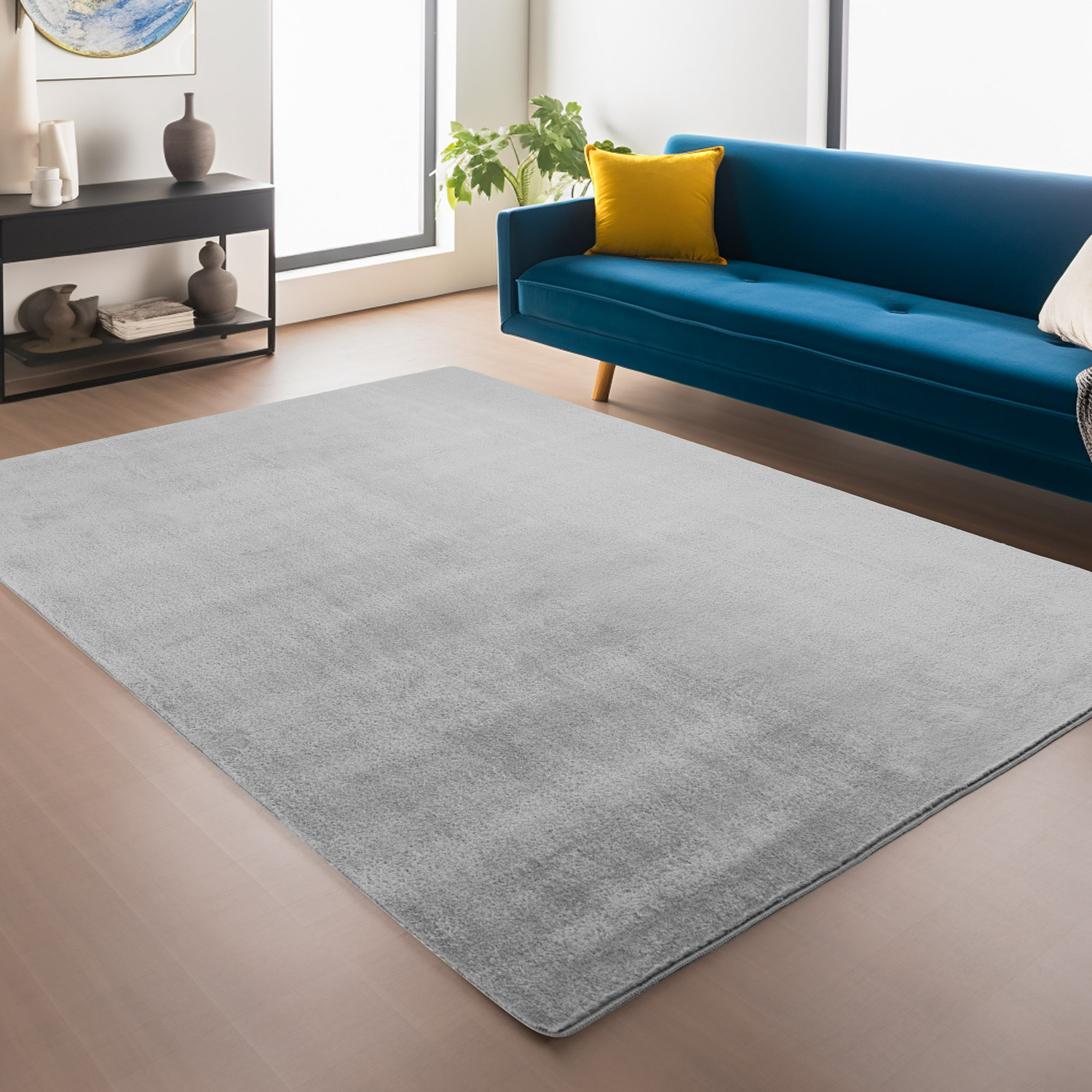 Snuggly Washable Low Pile Living Room Area Rug - Anti-Slip Felt Backing - Grey / 160cm / 120cm