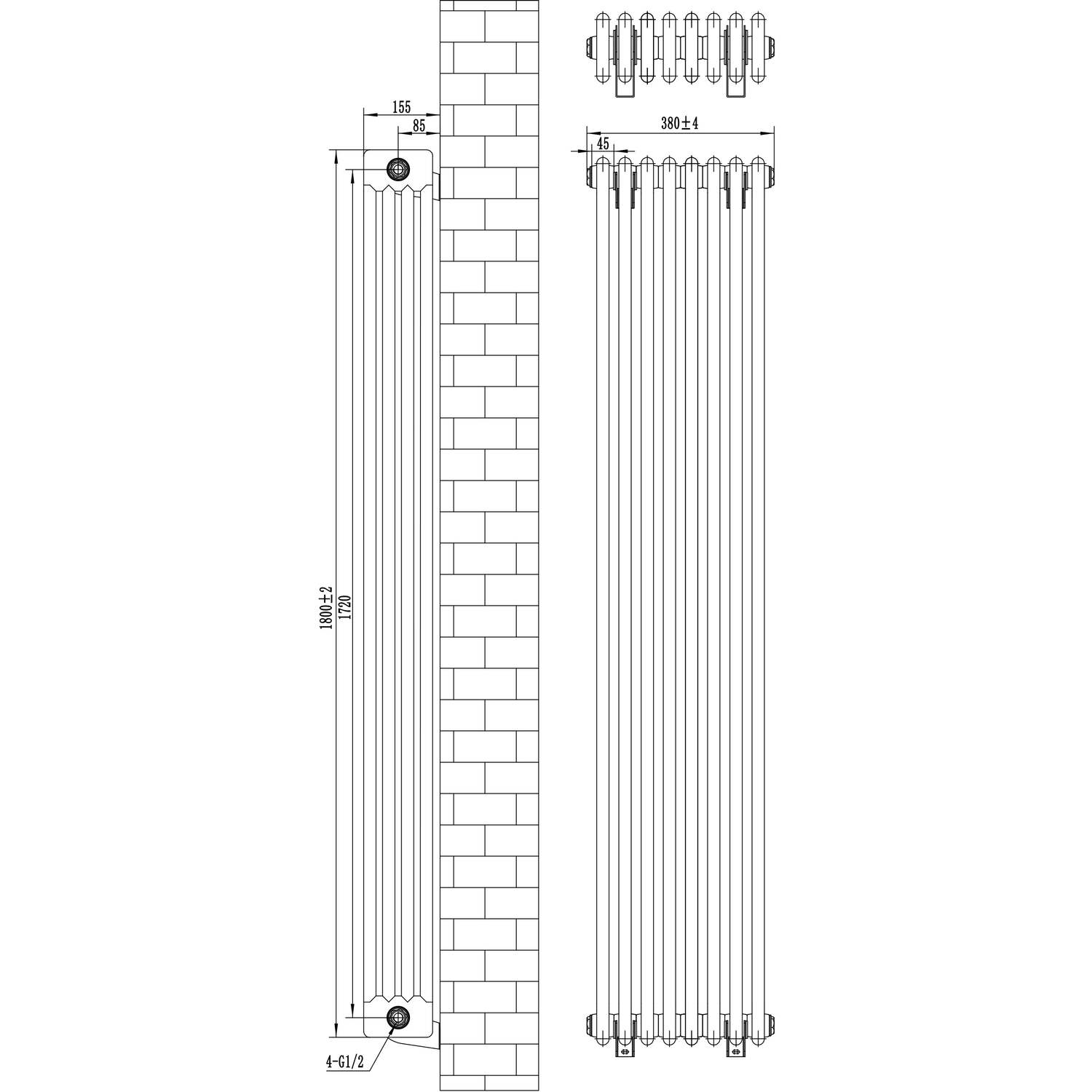 Monstershop Unisex Grey Traditional 4 Column Radiator - 1800 X 380Mm - Anthracite - Image 2