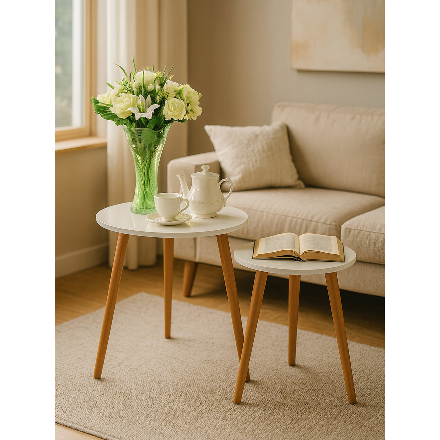 Nostra Nest Of 2 Round Tables - White, Natural