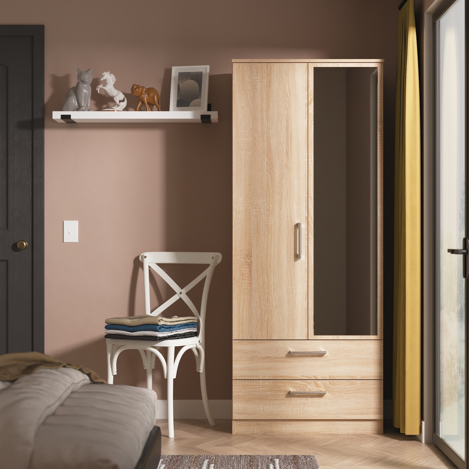 Devon Ready Assembled 2ft6in 2 Drawer Mirror Wardrobe - Bardolino Oak