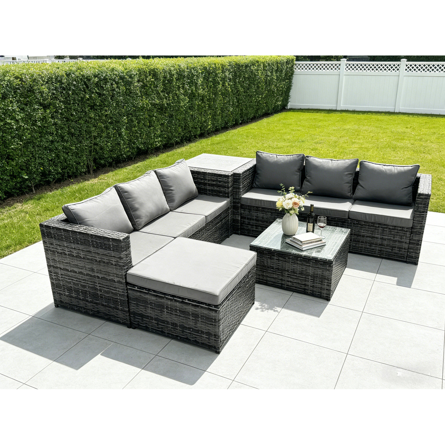 Fimous Rattan 7 Seater Corner Sofa Set Coffee Tables Stool