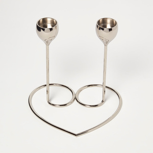 Dual Brass Heart Dinner Candle Holder  Polished Silver