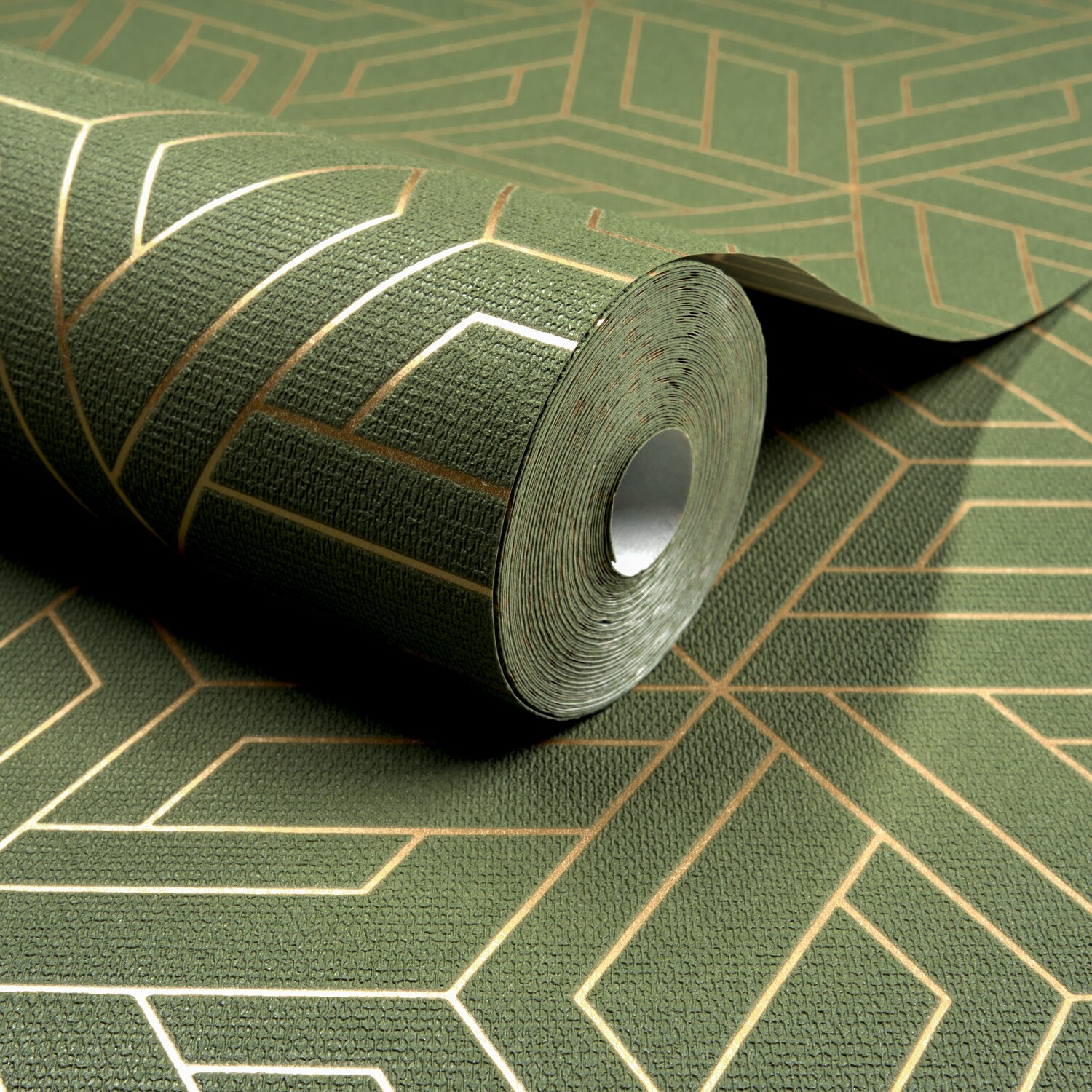 Grandeco Cobra Geometric Pattern Metallic Blown Vinyl Wallpaper - Green
