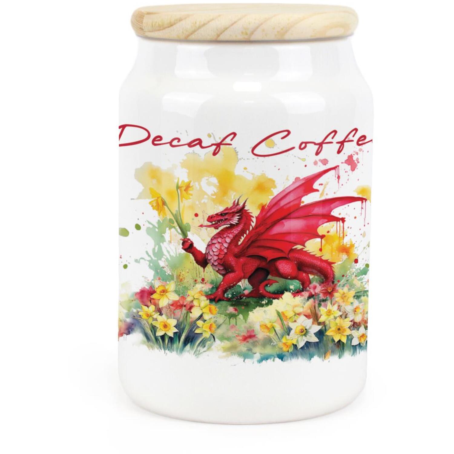 Ceramic Tapered Dragon & Daffodils Decaf Coffee Canister - Storage Container - Image 2