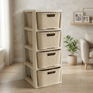 Stylish 4-Drawer Cream Rattan Storage Tower for Home & Office