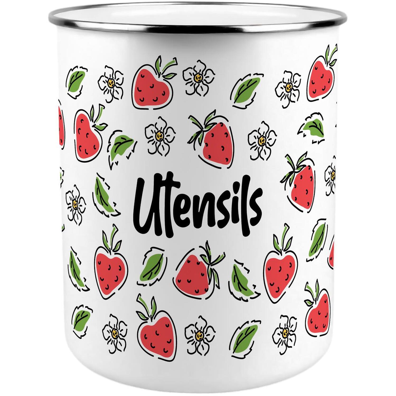 Strawberry Flowers Utensil Pot - Enamel XL Kitchen Utensil Organiser Decor Gift - Image 2