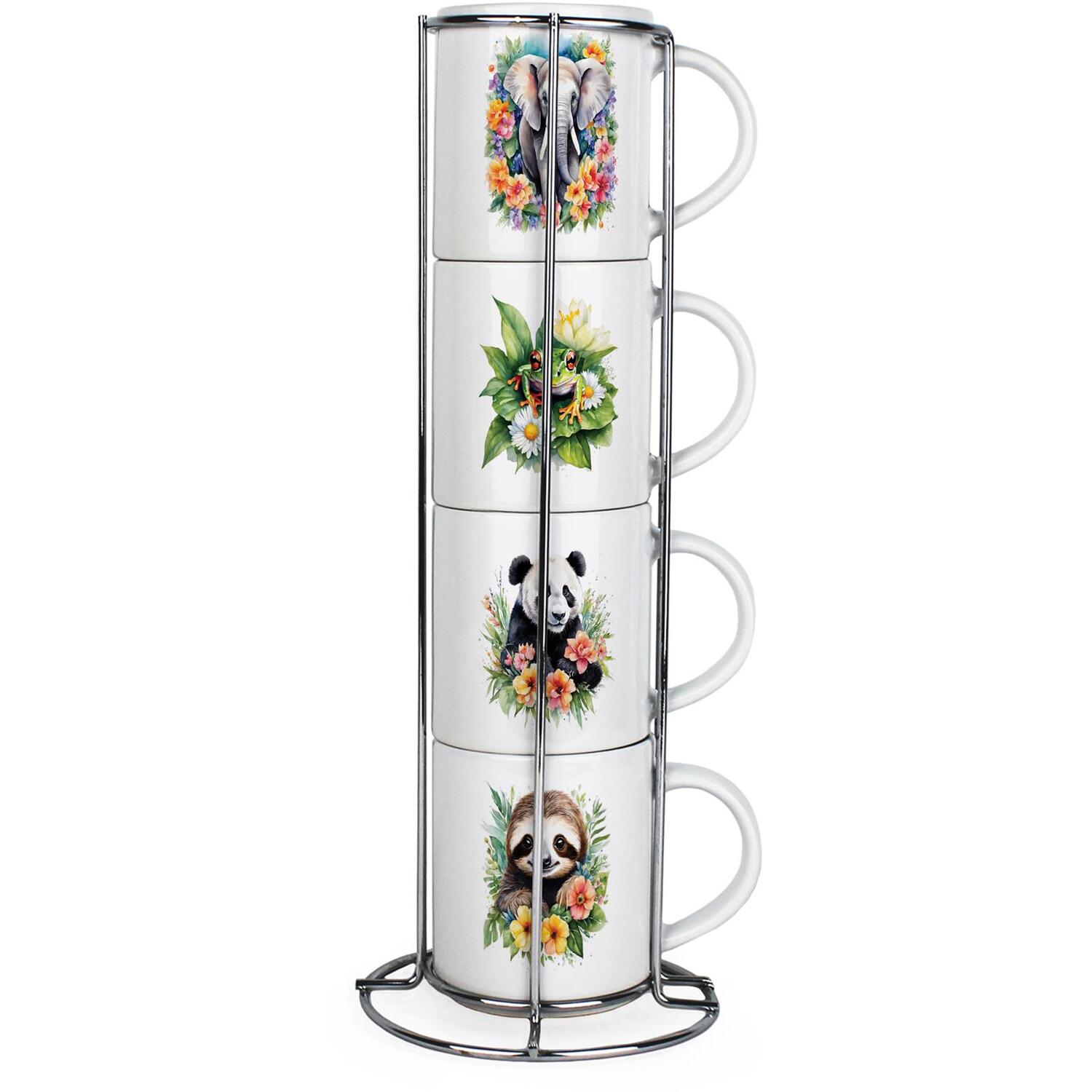 B&Q - Exotic Animals Stacking Mugs SetPresents For Animal LoversSet Of 4 Ceramic Mugs Gift Set With Metal Stand - Image 2