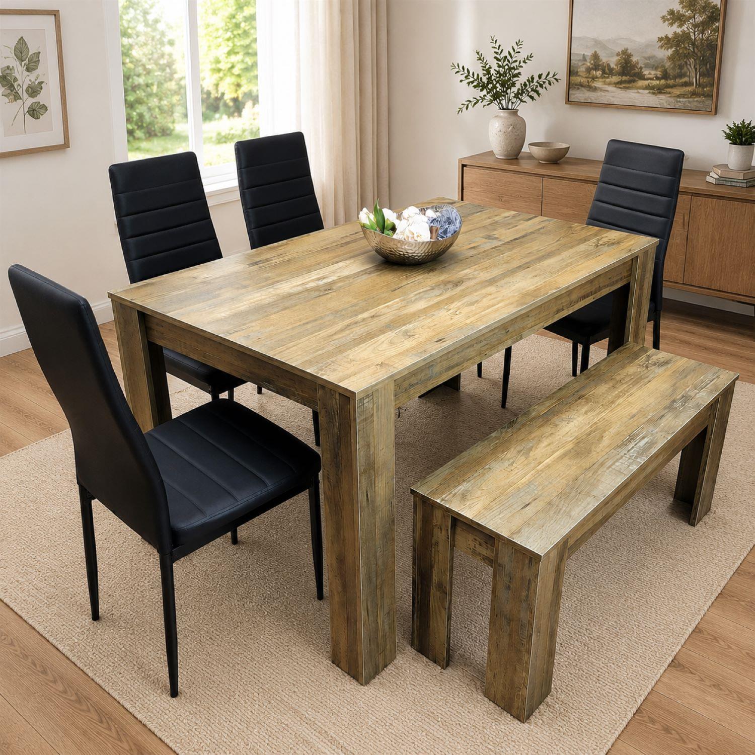 Kosy Koala Unisex Brown Wooden Dining Table Set For 6 - Rustic Effect Table W/ 4 Black Chairs & 1 Bench Dining Room Furniture In - Image 5