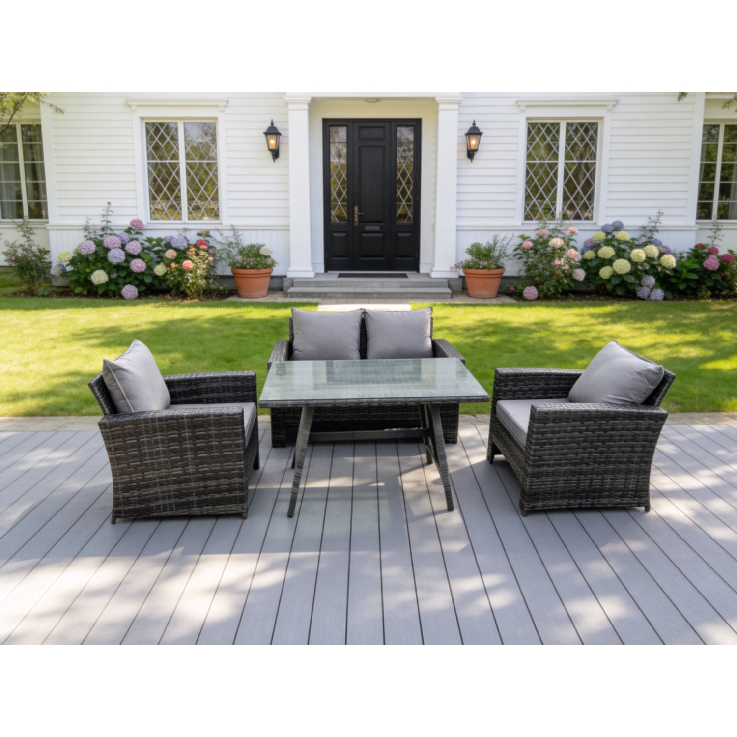 Fimous Dark/Grey 4 Seater Outdoor Mixed High Back Rattan Sofa Dining Table Set Garden Furniture Patio - Image 2