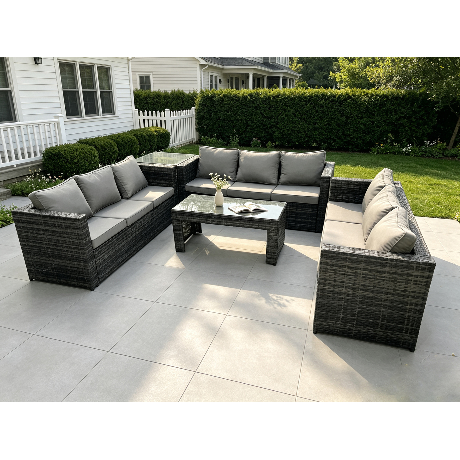 Fimous Dark/Grey Outdoor Rattan Garden Furniture Lounge Sofa Set With Oblong Rectagular Coffee Table And Side Table - Image 2