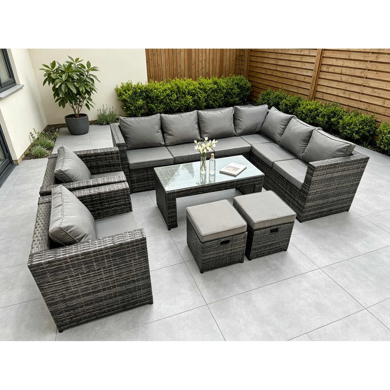 Fimous 10 Seater Rattan Corner Sofa Lounge Sofa Set With Rectangular Coffee Table 2 Stool Dark Grey Mixed Right Hand - Image 3