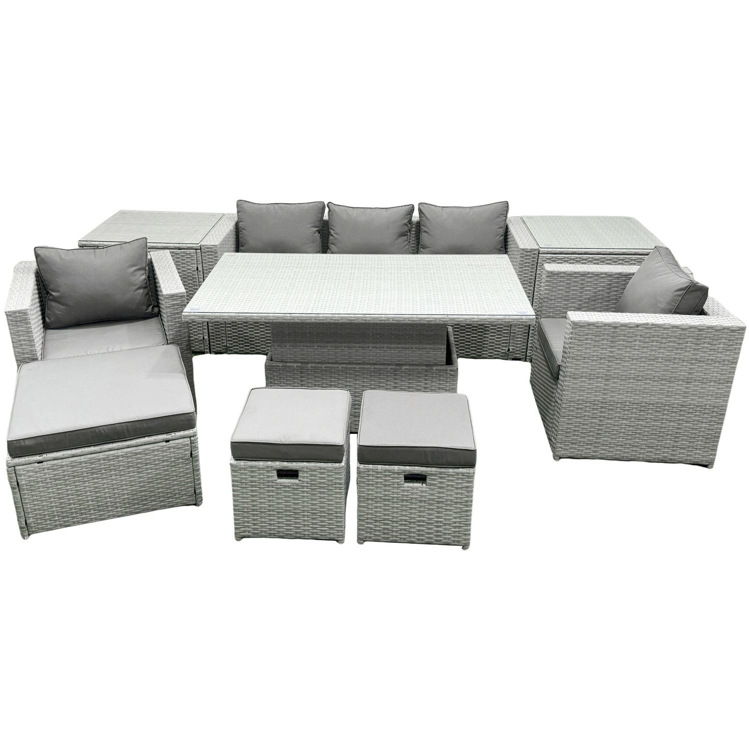 Fimous Light/Grey/Dark Rattan Outdoor Garden Funiture Set Height Adjustable Rising Lifting Table Sofa Dining Set With 2 Armchairs 2 Side Tables Footstools - Image 2
