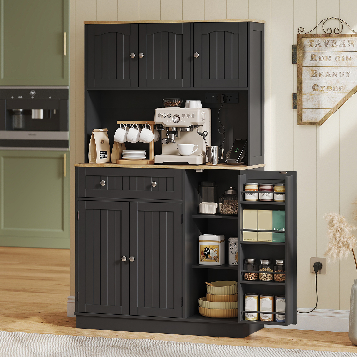 Homcom Pantry Storage Cabinet With Adjustable Shelves And 4 Door Racks - Black