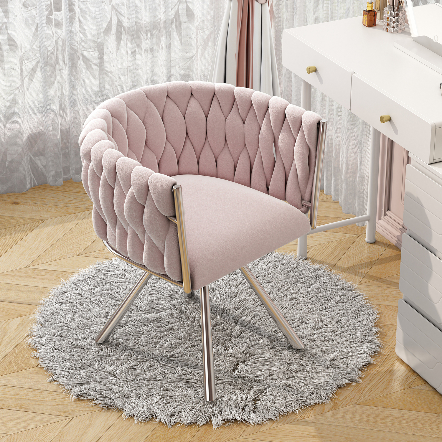 Aka Velvet Luxurious Swivel Chair With Four Metal Legs, Pink - Pink