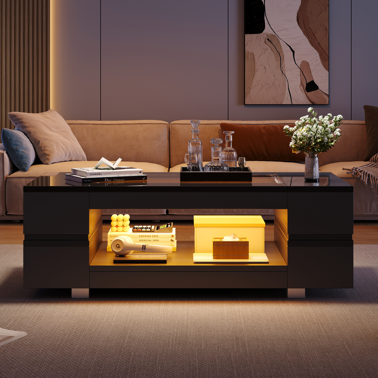 Aka Hollow Coffee Table With Open Storage, Led Lights And Glass Top - Black