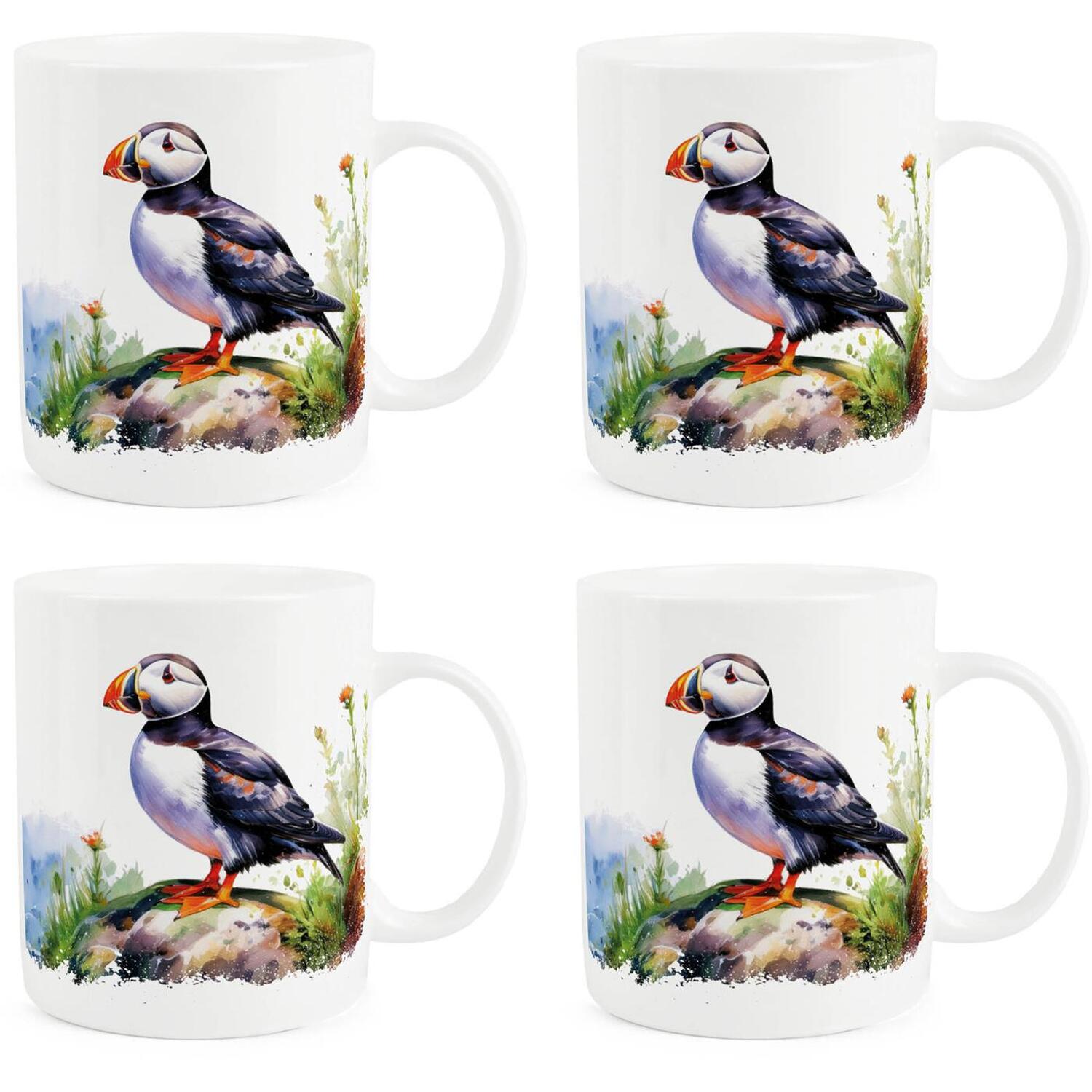 Purely Home Seaside Puffins Bone China Mugs - Set Of 4 - White