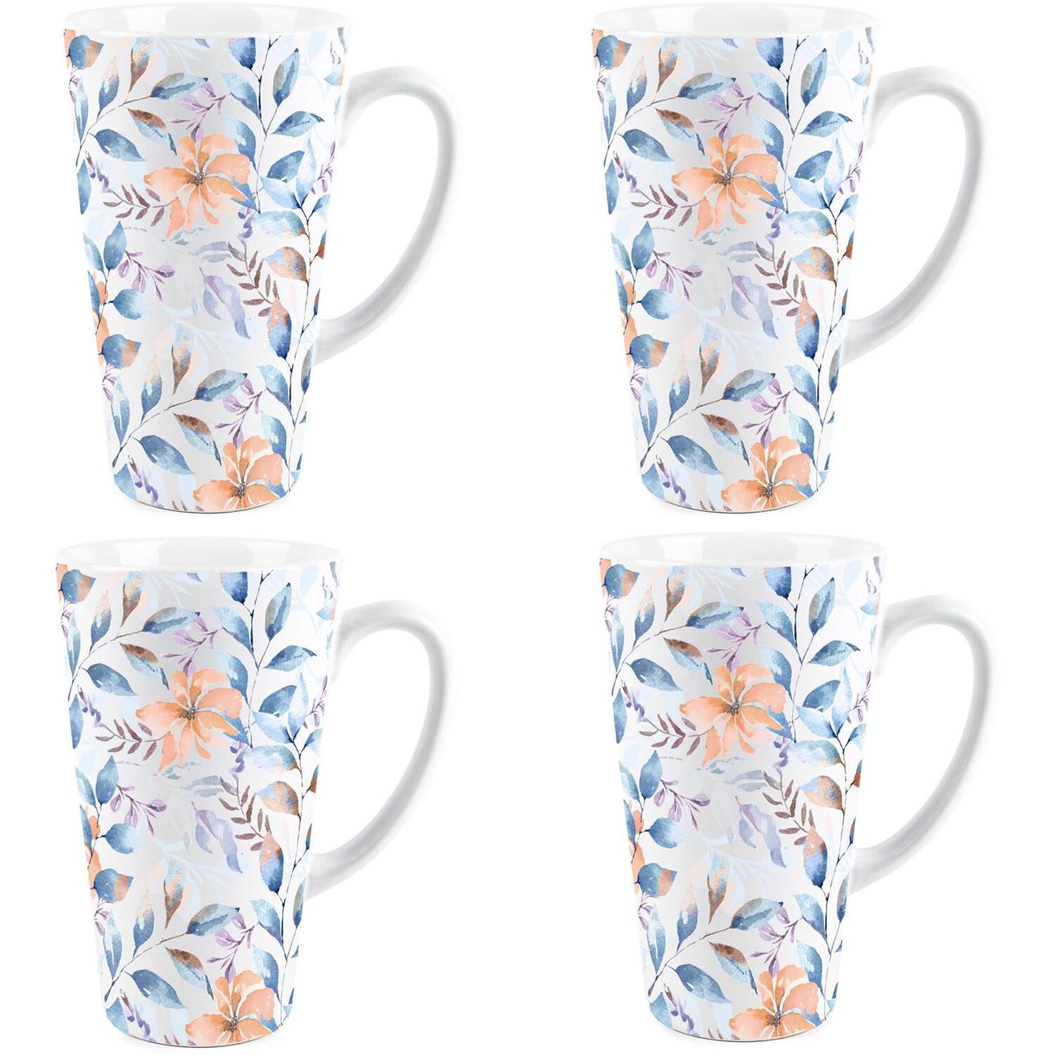 Purely Home Blue & Orange Watercolour Floral Large Latte Mugs - Set Of 4 - Blue