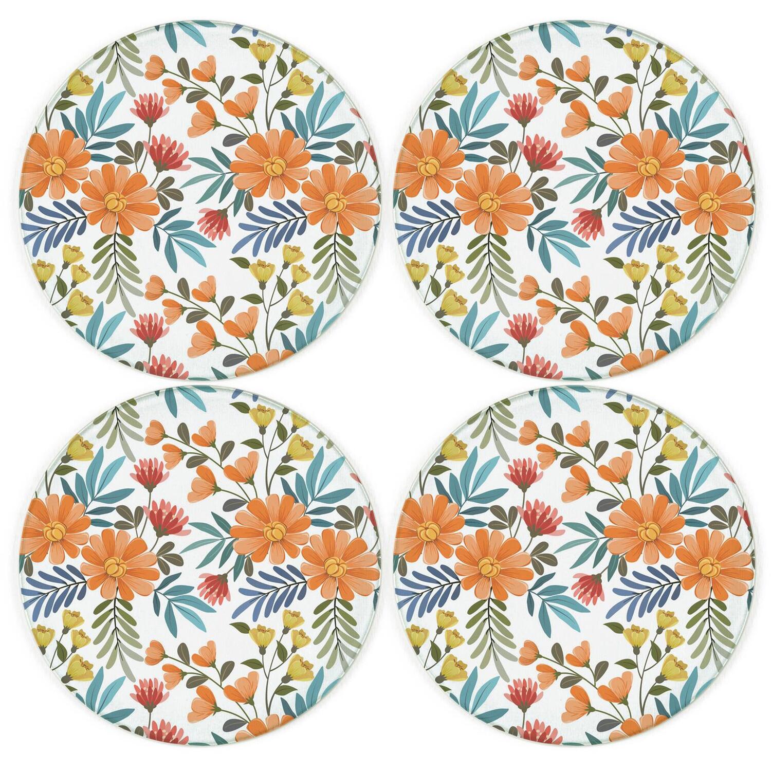 Orange Floral Coaster Set - Round Glass Colourful Flowers Drinks Coaster Gift - Image 2