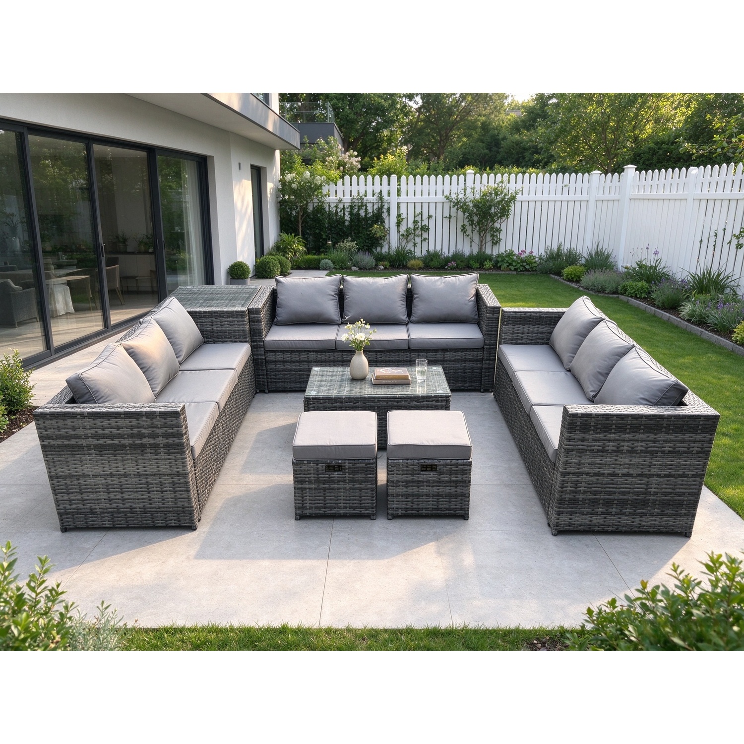 Fimous Outdoor Lounge Sofa Set Wicker Pe Rattan Garden Furniture Set With Oblong Coffee Table Side Table 2 Small Footstools - Image 3