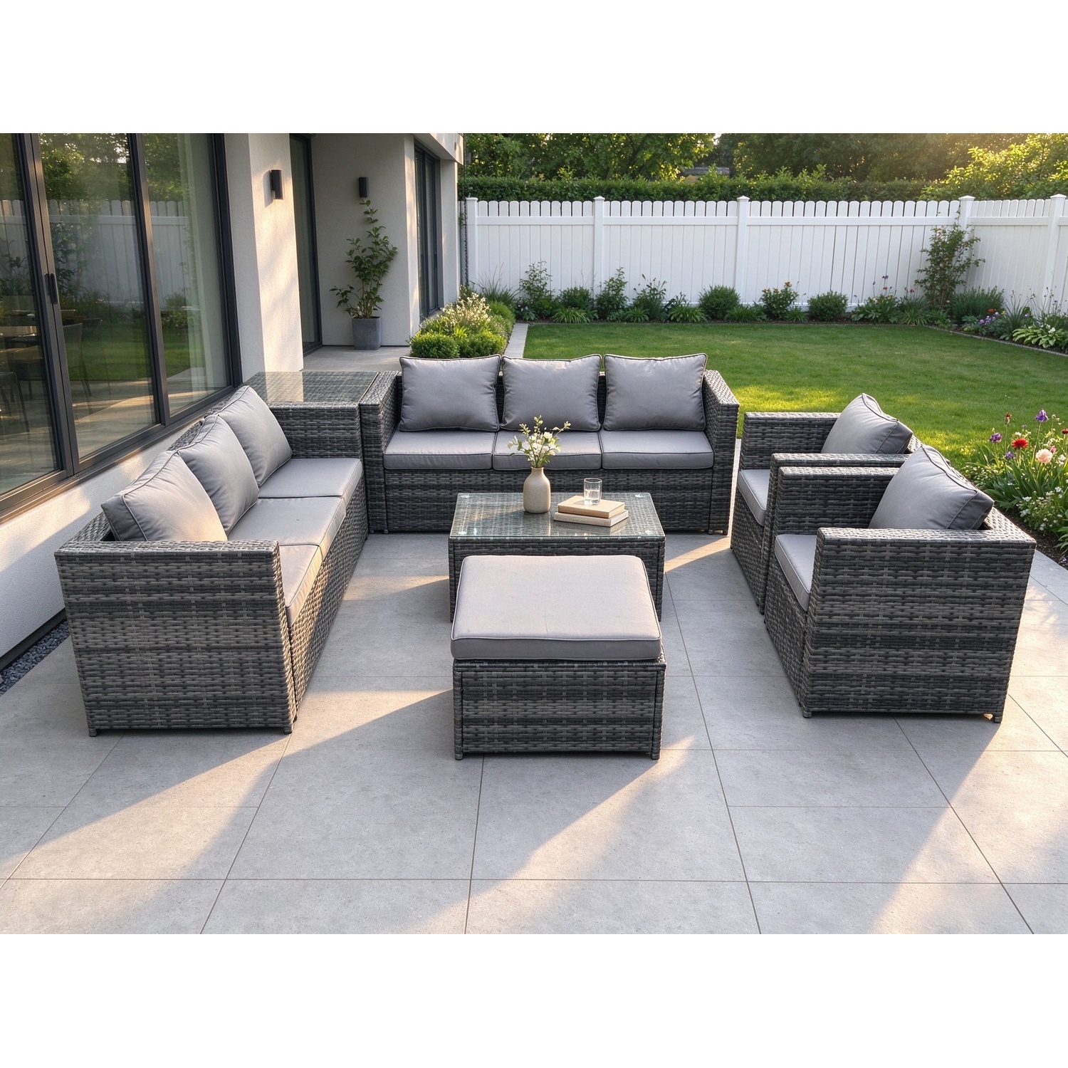 Fimous Unisex Dark Grey Seater Outdoor Lounge Sofa Set Wicker Pe Rattan Garden Furniture Set With 2 Armchair Oblong Coffee Table Side Table Big Footstool Size 9 - Image 2
