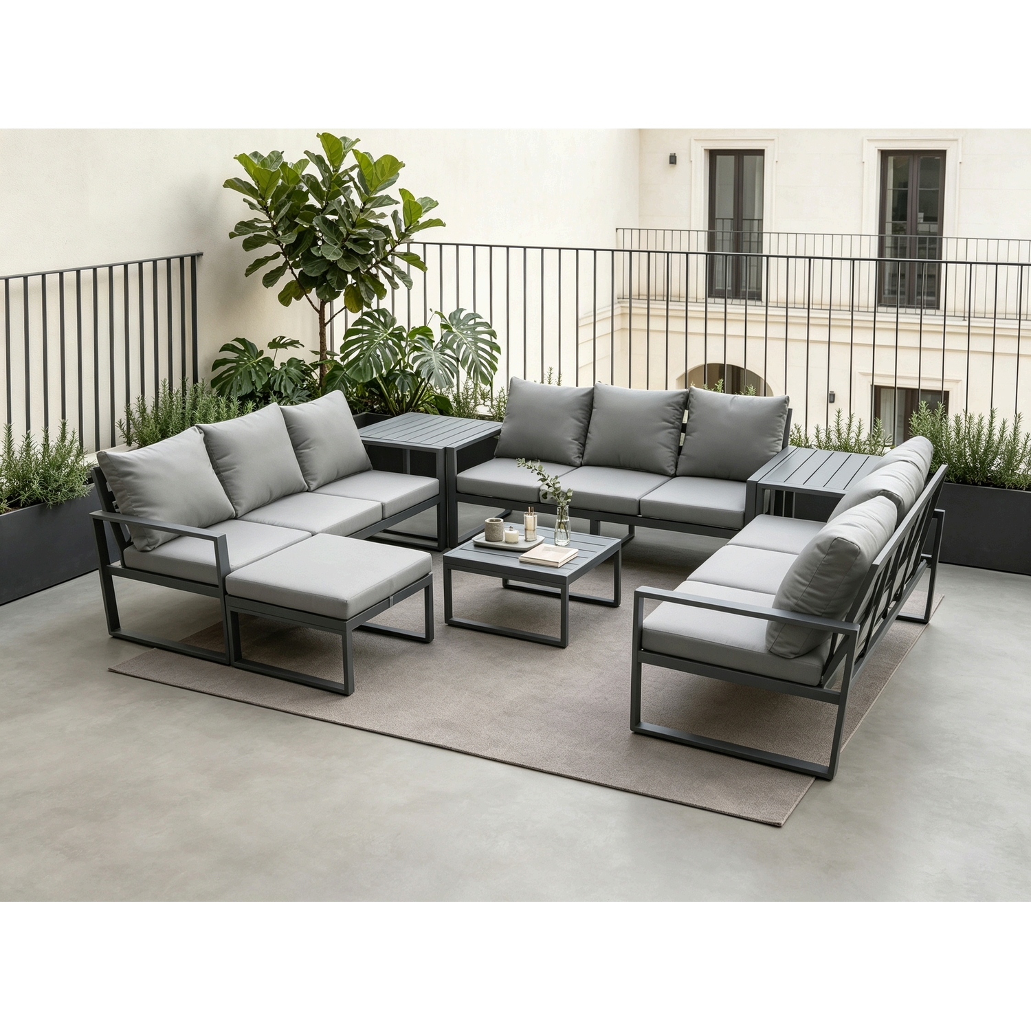 Fimous Aluminium 10 Seater Outdoor Garden Furniture Set Patio Lounge Sofa With Square Coffee Table 2 Big Footstool Conservatory Set Dark Grey - Image 3