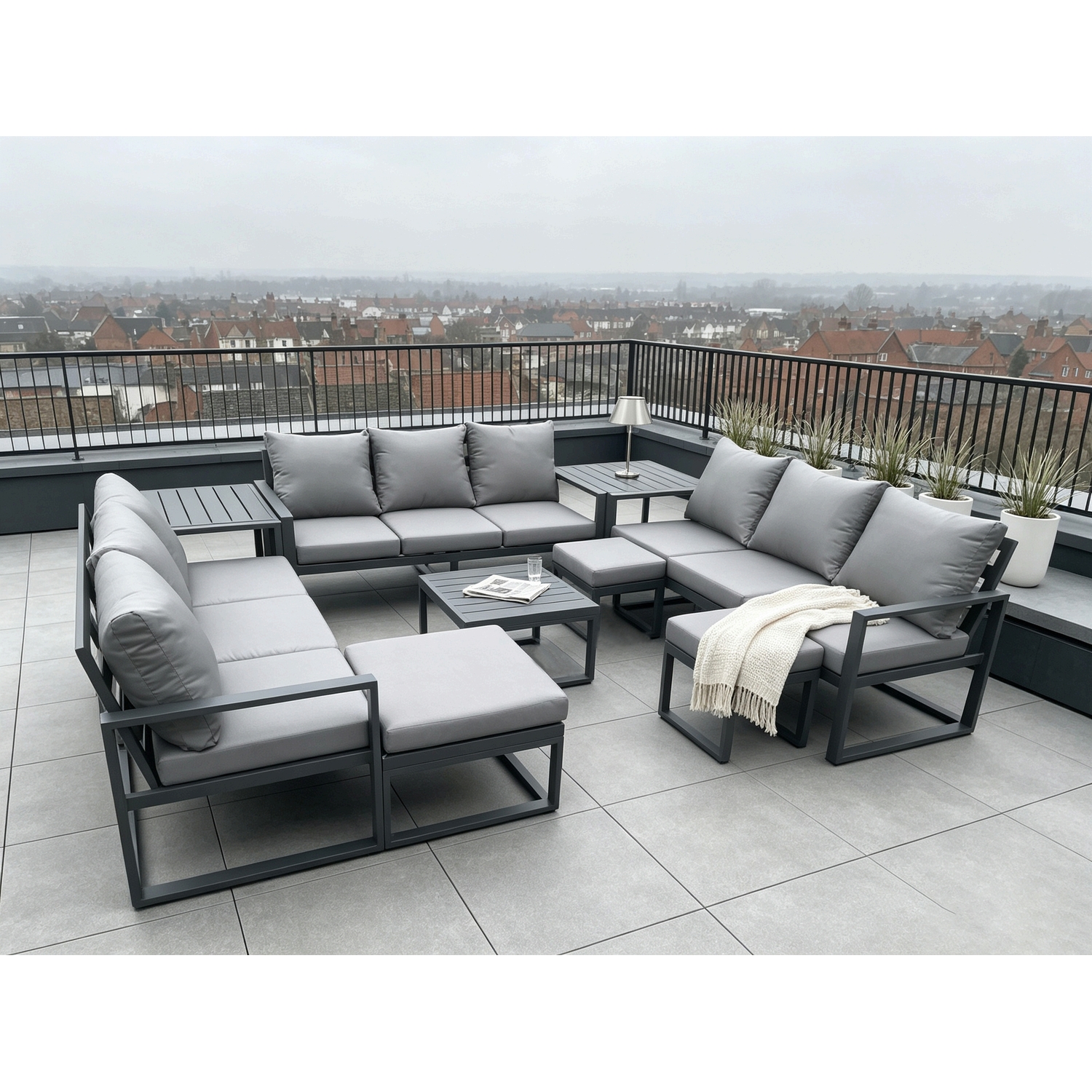 Fimous Dark/Grey Aluminium Outdoor Garden Furniture Set Patio Lounge Sofa With Square Coffee Table 2 Side Tables 3 Footstools Conservatory Set - Image 2