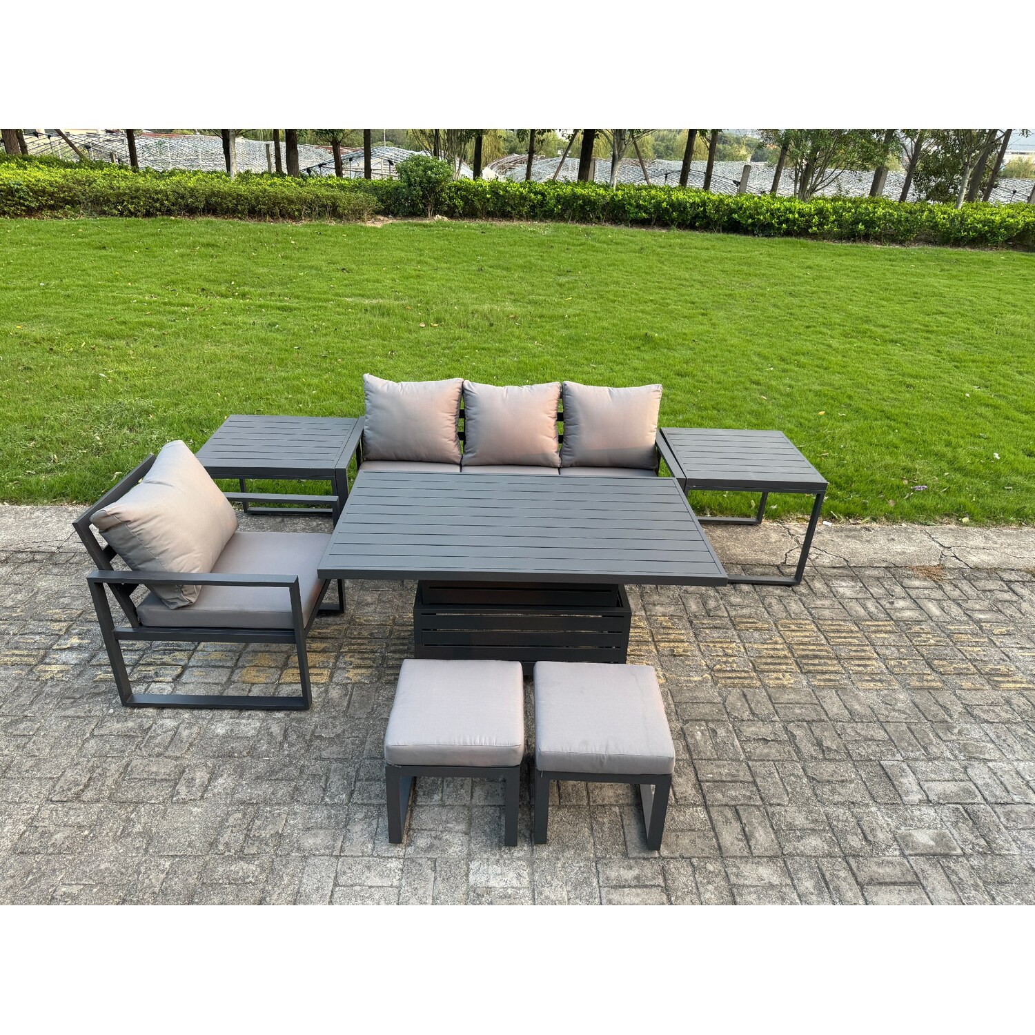 Fimous Dark/Grey 6 Seater Aluminium Outdoor Furniture Set With Adjustable Rising Dining Table Chairs With 2 Footstools 2 Side Tables - Image 3
