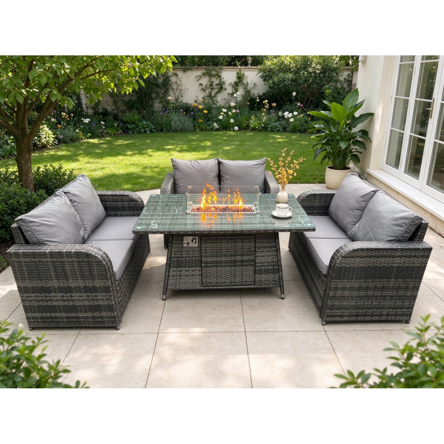 Rackhams Dark/Grey Rattan Outdoor Garden Furniture Sofa Set Gas Fire Pit Dining Table Gas Heater With Love Sofa Mixed - Image 2
