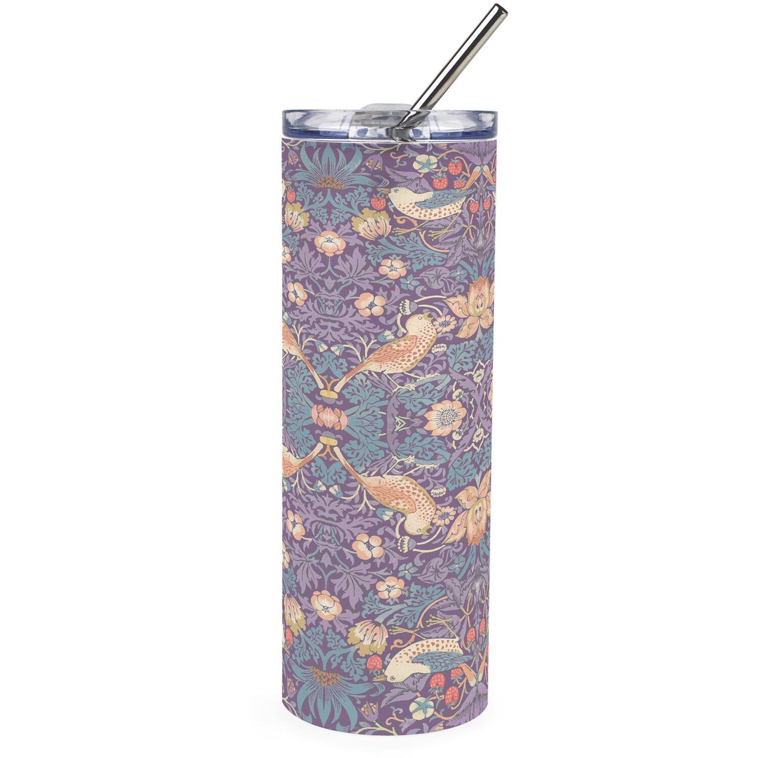Purely Home Purple Strawberry Thief Frosted Glass Travel Flask With Straw