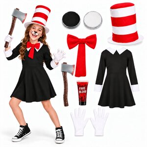 7 Piece Girls Halloween Crazy Cat Costume - Black / S