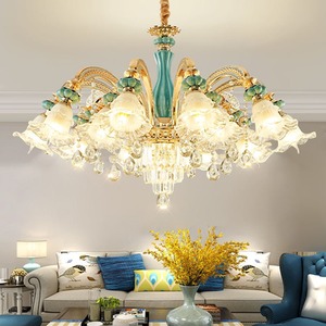 Chandelier Geniune K9 Crystal Blue Ceramic Gold Metal Arms Pendant Ceiling Lamp