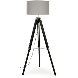 Black Wood And Silver Chrome Tripod Floor Lamp With Grey Drum Shade