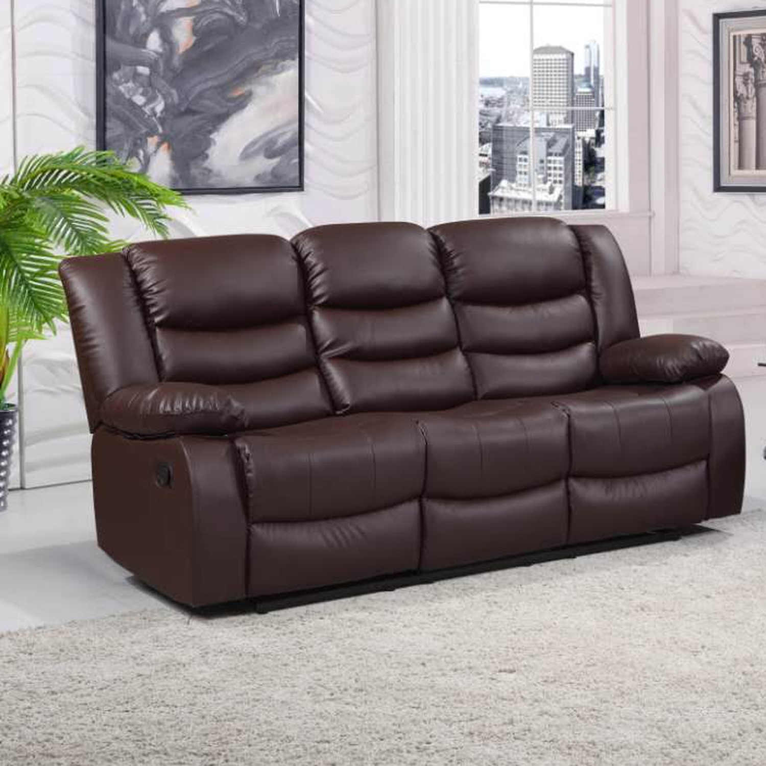 ECO LIVING - 3 Seater Recliner Sofa With Cup Holder - Leather Brown thumbnail