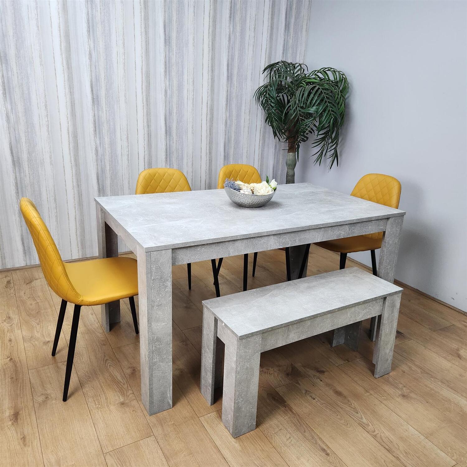 Stone Grey Effect Dining Table with 4 Mustard Chairs and 1 Bench Set