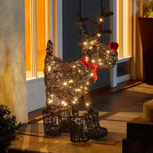 Battery Operated Rattan Woven Rudolph Reindeer with LEDs