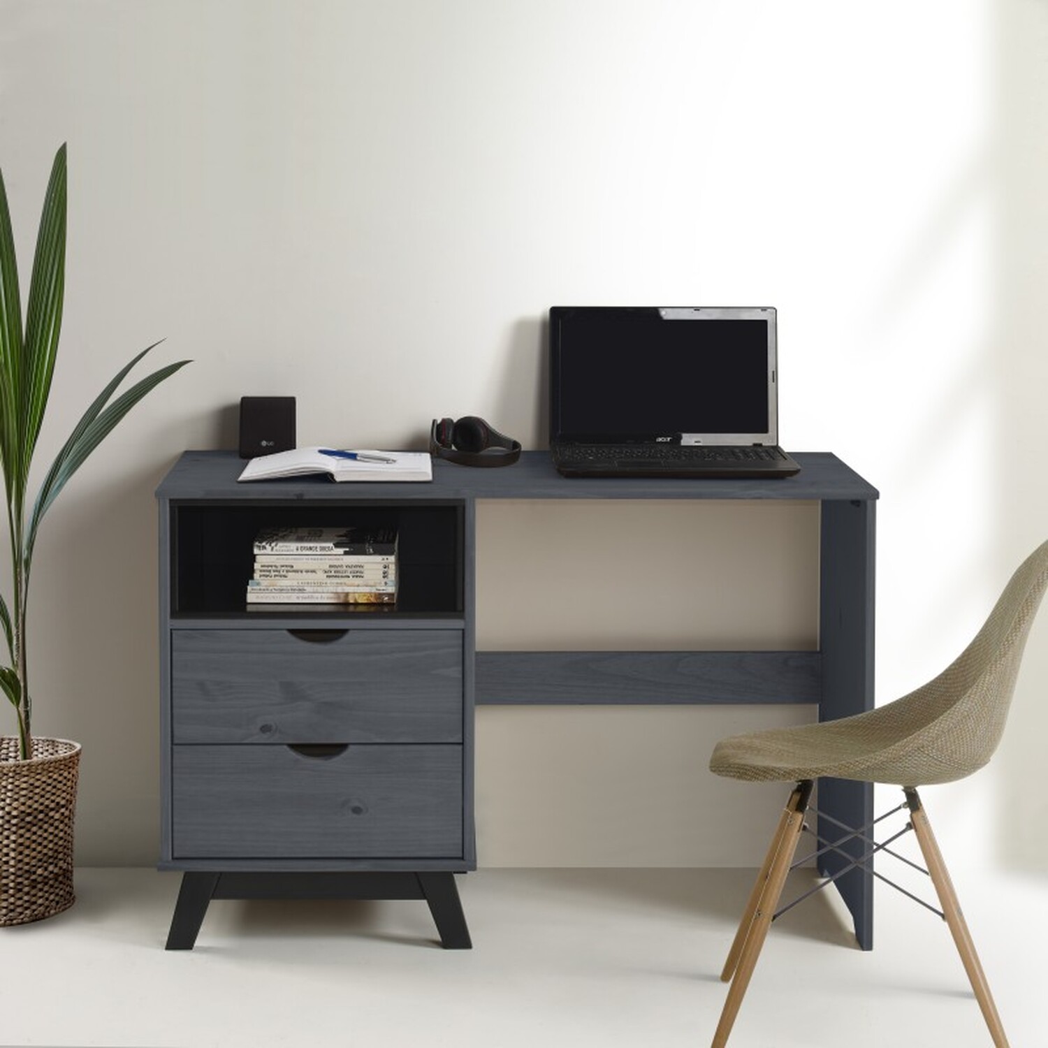 Scandian Computer Desk Dressing Table Solid Wood Pine Wooden - Grey