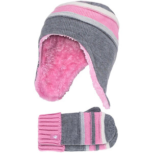 Heat Holders Girls Pattern Trapper Hat with Pom Pom and Mittens Set
