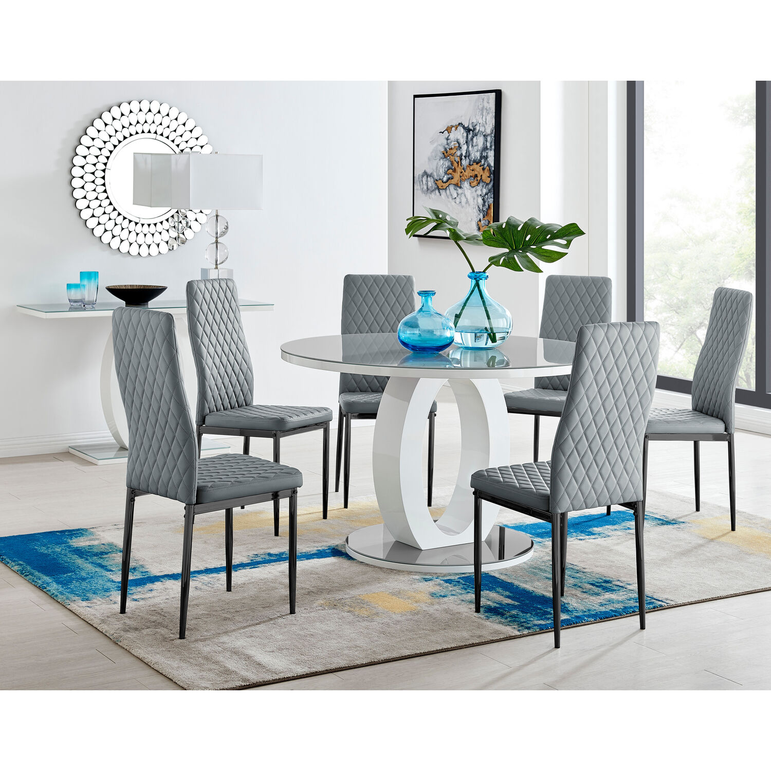 Giovani Round Grey Large 120cm Table and 6 Milan Black Leg Chairs