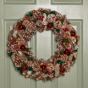 Hanging Christmas YuleFest Wreath with Baubles and Pine Cones