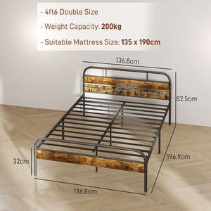 Double Industrial Metal and Wood Bed Frame with Headboard