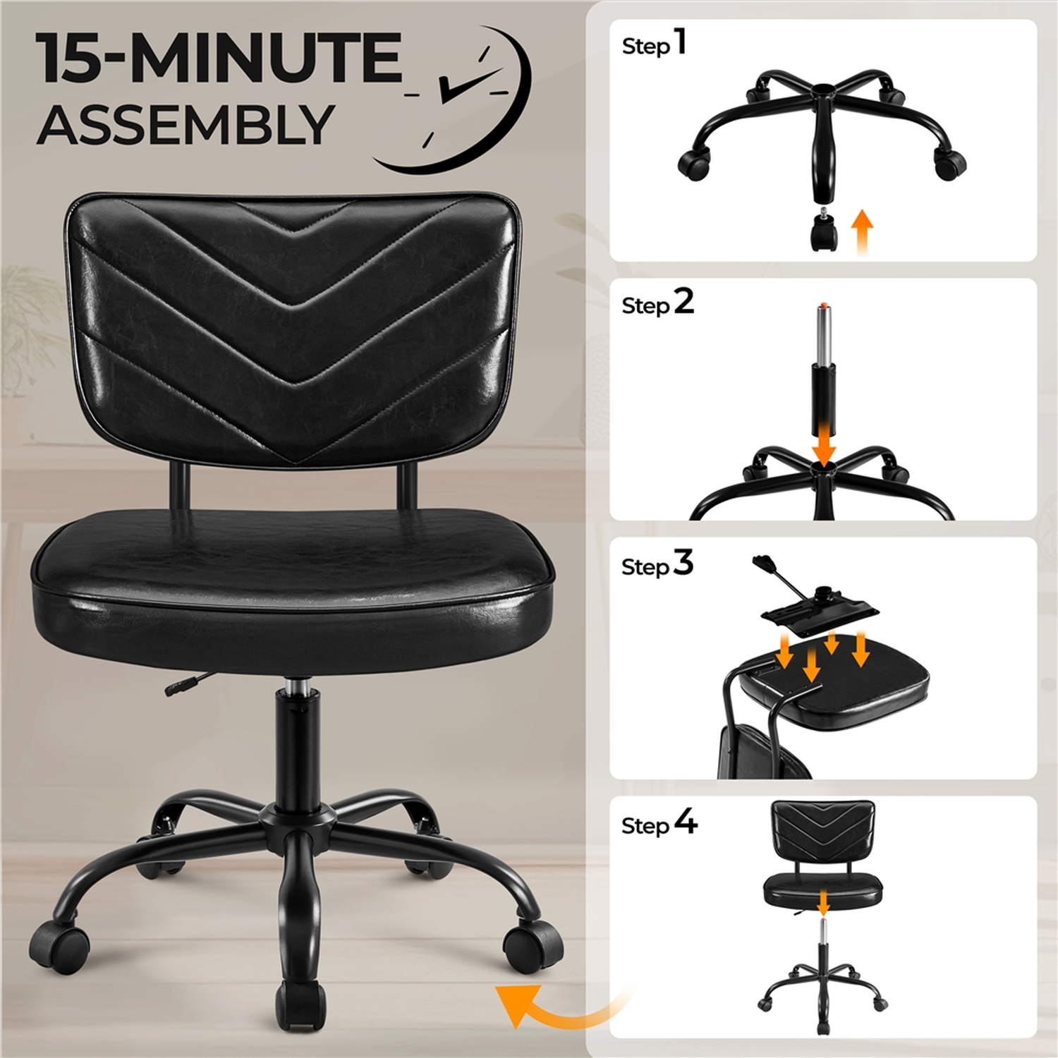 Faux Leather Armless Home Office Chair With Wheels - Black