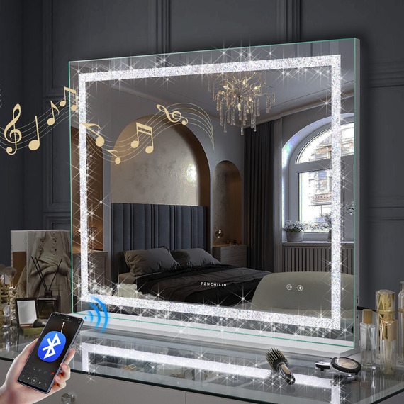 FENCHILIN Bluetooth Hollywood Vanity Mirror with Crystal Strip Lights Wall-Mount