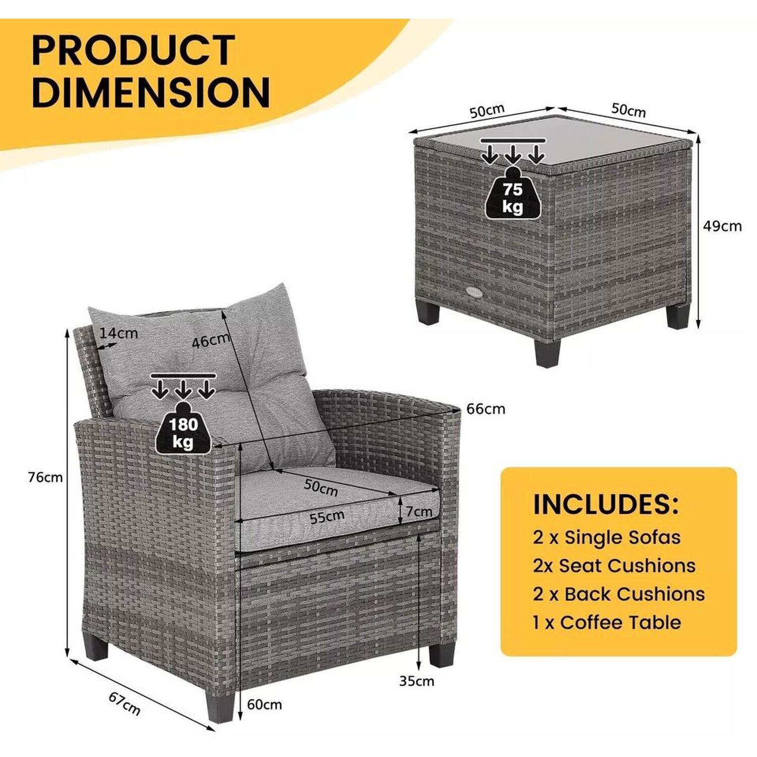 Modern 3 Piece Patio Rattan Bistro Set - Grey