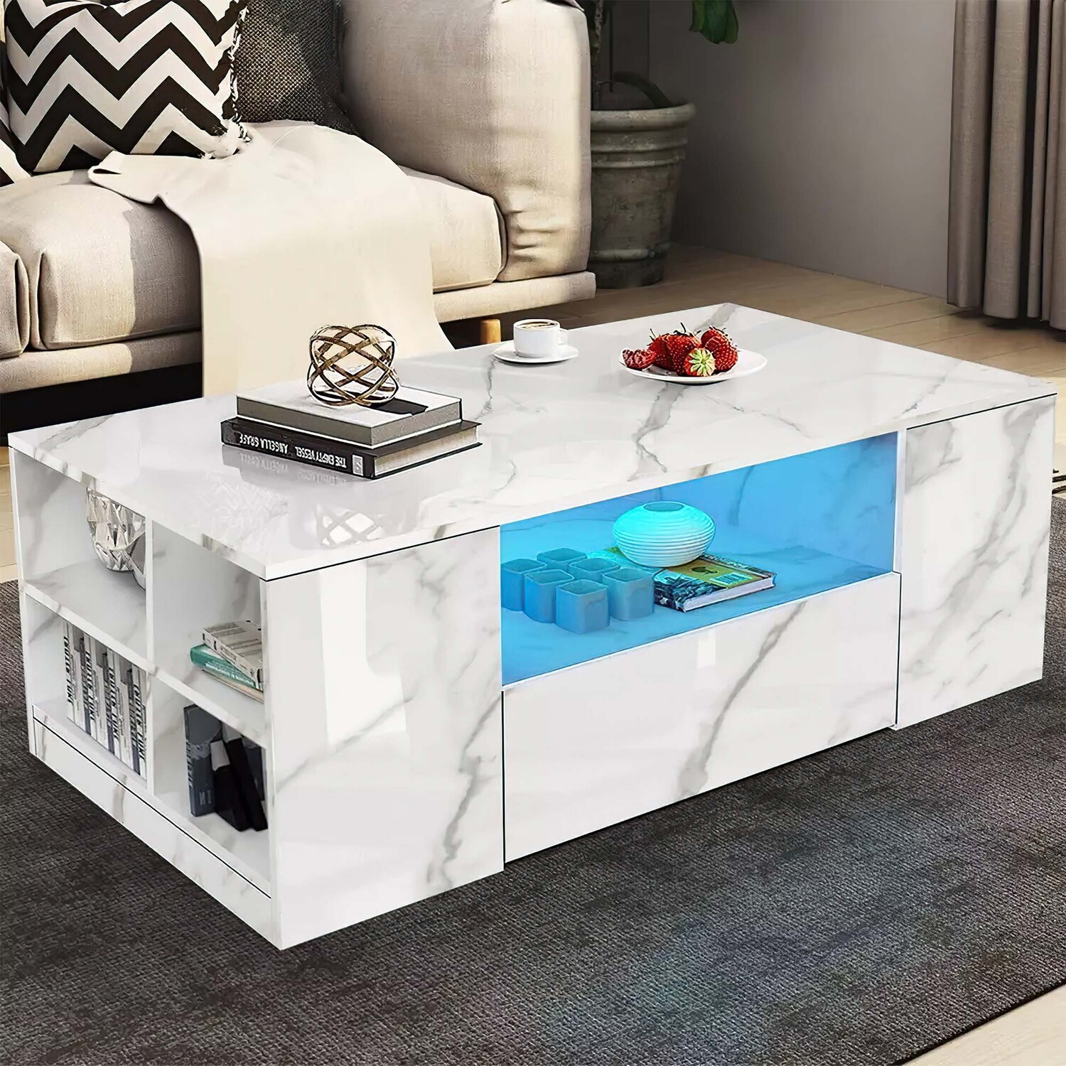 Modern 2 Drawer Led Coffee Table - White Marble