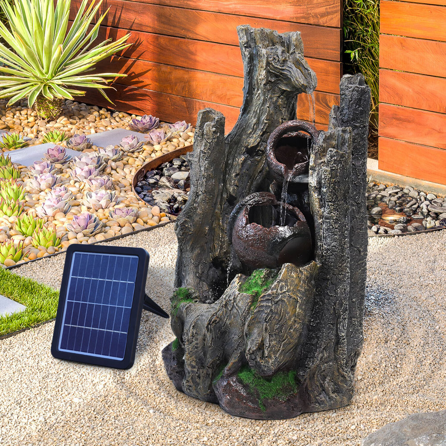 Livingandhome Crumbling Wood And Pots Cascade Solar Water Fountain - Brown