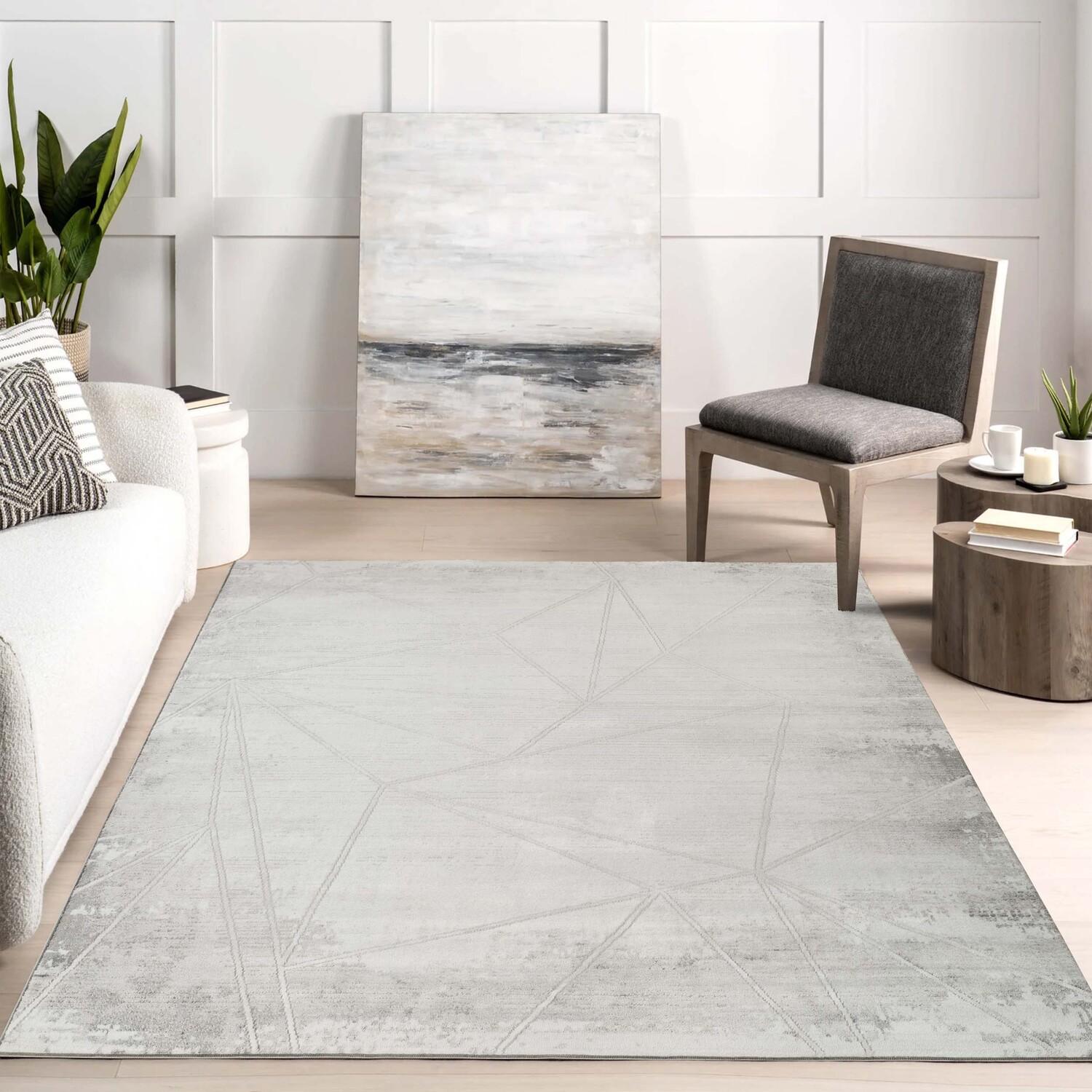 Novu Modern Abstract Geometric Living Room Area Rug Metallic- Mirage Grey - Grey / 170cm