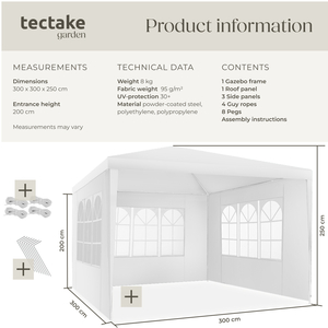 Gazebo Barinas With 3 Side Panels, Water-Resistant, 3x3m
